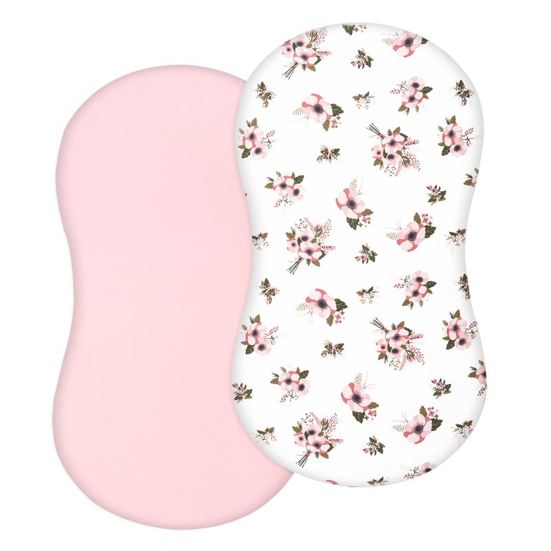 TILLYOU Cotton Fitted Bassinet Sheets for Baby Boy Girl, Fit for Halo Bassinet Swivel Sleeper, Adapt to Hourglass Bassinet Mattress Sheet, 31.5'' x 18'', 2 Pack Floral & Pink - Image 1